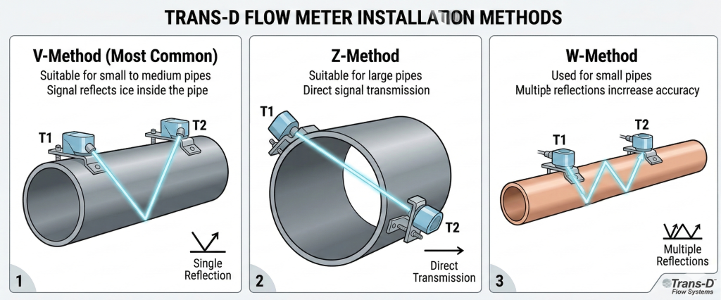 Ultrasound Flow Meter Transducer Installation Methods Diagram